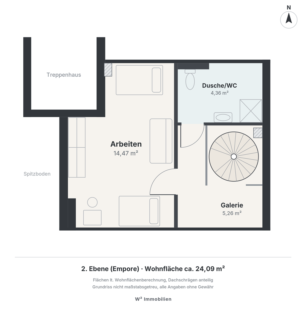 Grundriss 2. Ebene: Arbeitszimmer, Galerie, Dusche