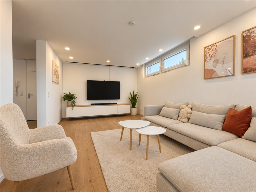Helles, modernes Wohnzimmer mit Pflanzen